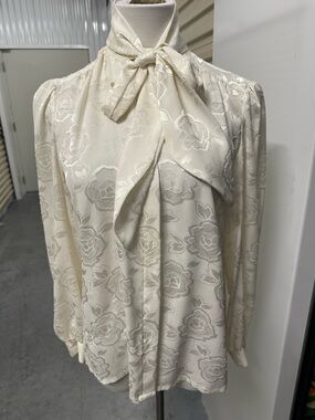 Vintage Ivory Floral Tie-Neck Blouse with Bow